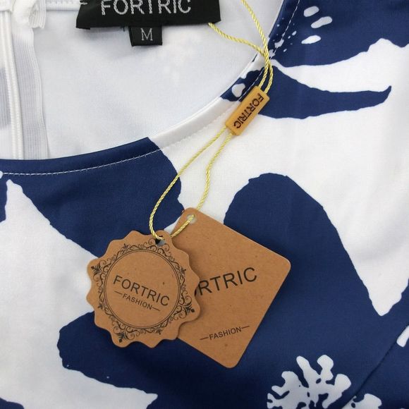 Fortric Dress Womens Size M Blue White Floral Pattern Short Sleeve Zip Back Midi - Picture 5 of 8